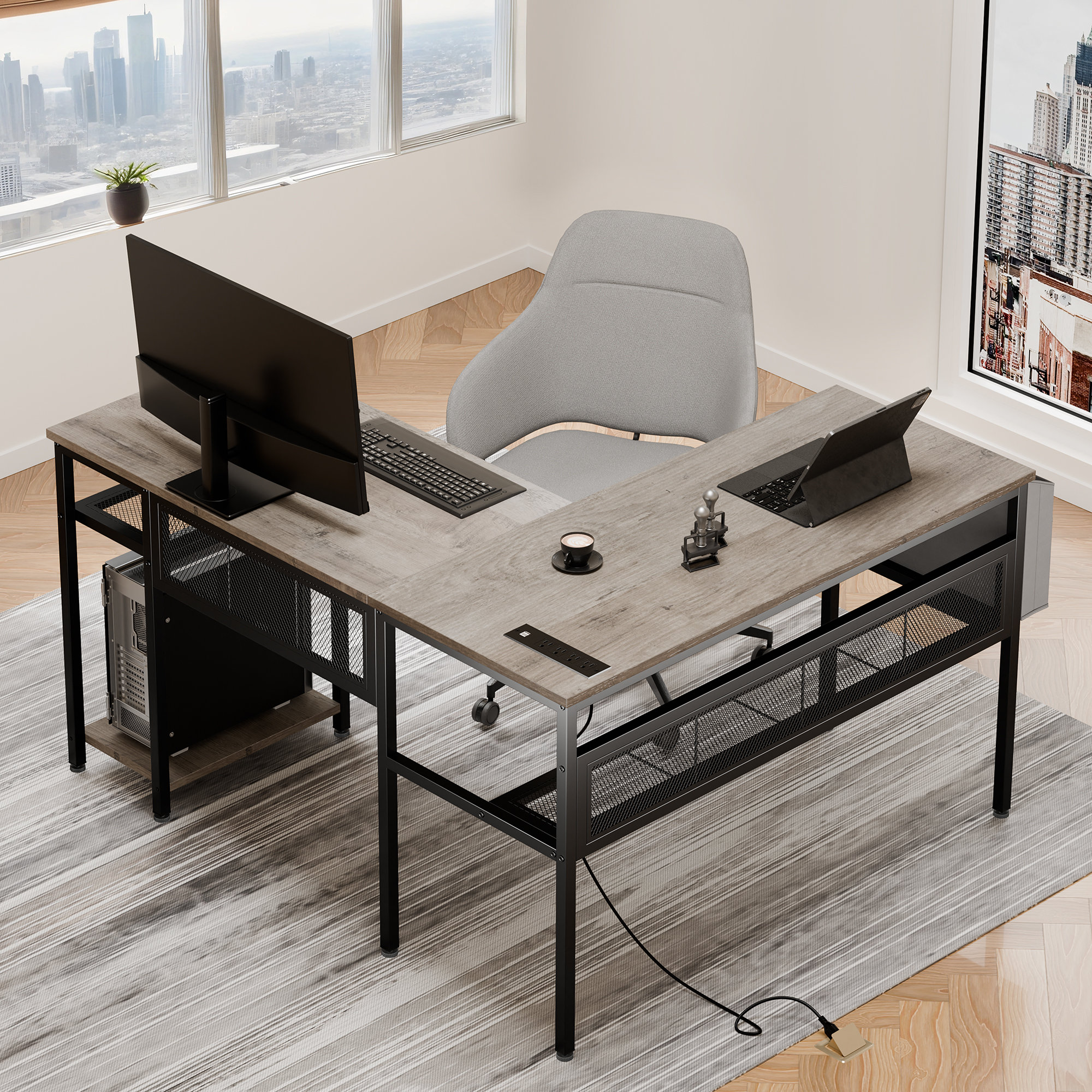 17 Stories Verlis L-Shaped Reversible Computer Desk with Power Strip ...