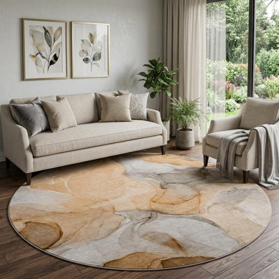 8' Orange Gray And Ivory Abstract Washable Round Rug With UV Protection