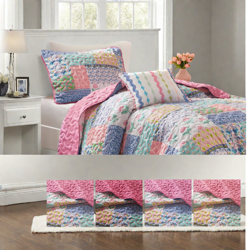 Ensemble de literie pour courtepointe vibrant 3 pièces, polyester multicolore, style patchwork pour toutes les saisons