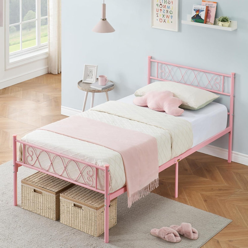 Lit plateforme en métal avec tête et pied de lit Sweet Heart, rangement sous le lit, aucun sommier nécessaire, meubles de chambre pour garçons et filles