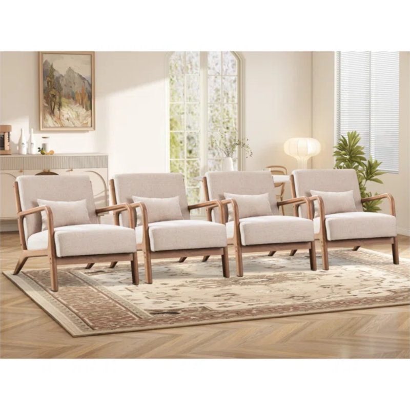 Cashel 25.78" Wide Mid Century Upholstered Accent Chair with an Extra Pillow(Set of 4), Beige Linen Blend