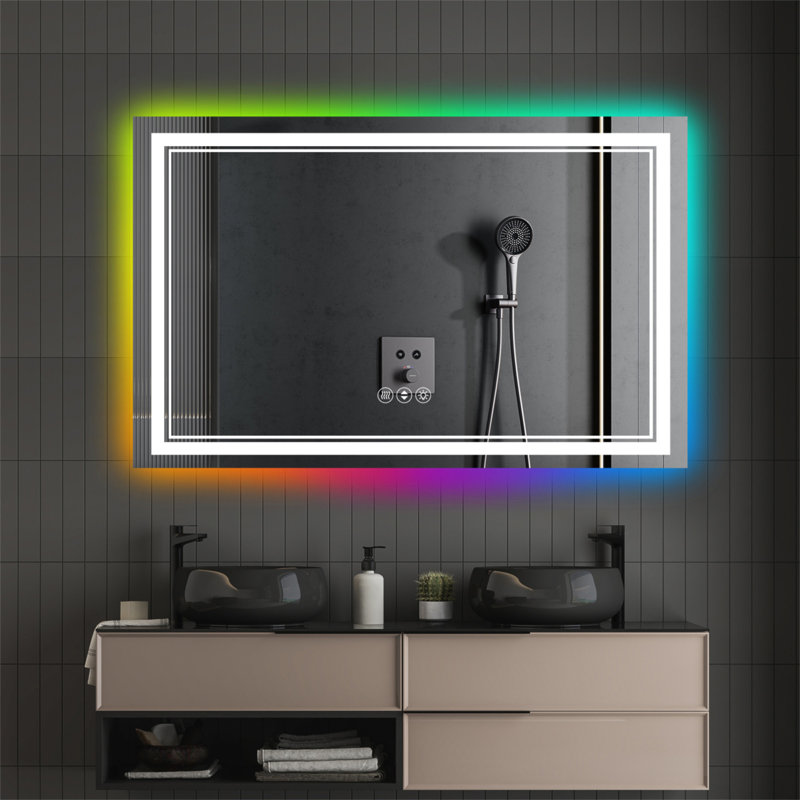 Miroir de salle de bain 55 po x 36 po à DEL sans cadre, miroir intelligent, rétroéclairage RVB, 55 po x 36 po
