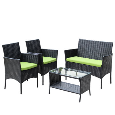 4 Pc Patio Furniture: With Cushions & Tempered Glass Side Table In Black Outdoor Furniture : Writing
