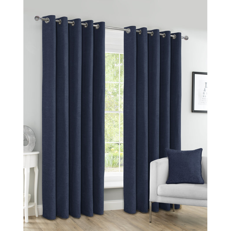 Krishaan Eyelet Blackout Thermal Curtains Pair, 114cm Width x 137cm Drop, Navy