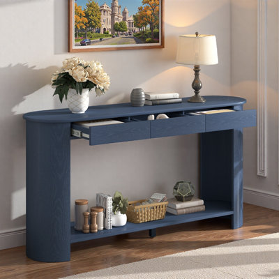 Console moderne avec 3 tiroirs, tablette inférieure ouverte et pieds semi-circulaires