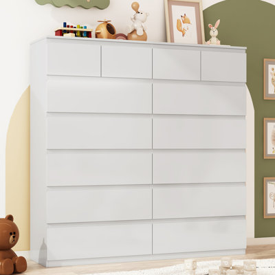59" Wide 14 Drawer Dresser, Large Capacity Storage Chest of Drawers, Wood Storage Cabinet for Bedroom,White