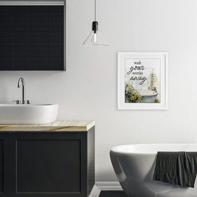 Wash Worries Away Sunlit Bath Framed Print Under Glass, design by Lettered and Lined