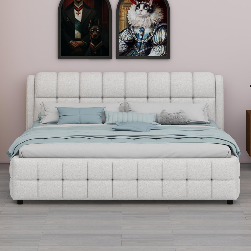 Upholstered Platform Bed With Modern Silhouette, White