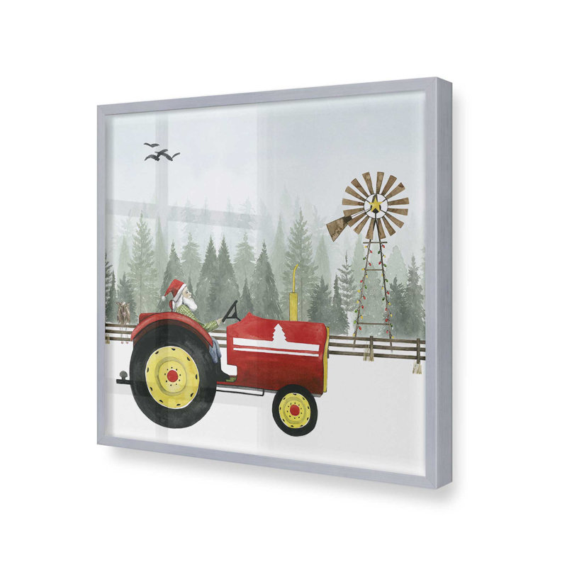 «Santa's Christmas Tractor Ride II», impression, Cadre simple en chrome poli, bois massif, H 13,75 po x l 13,75 po