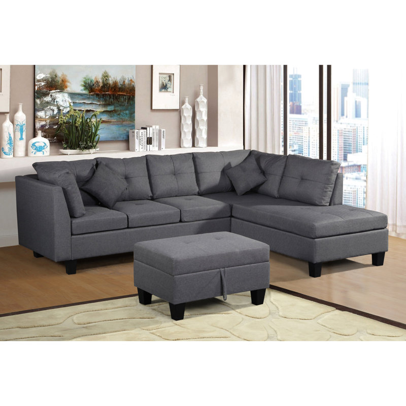 Salon modulaire de salon - gris avec méridienne droite et rangement rembourré en lin doux à 3 mains gris, mousse, style moderne, capacité de poids de 600 lb