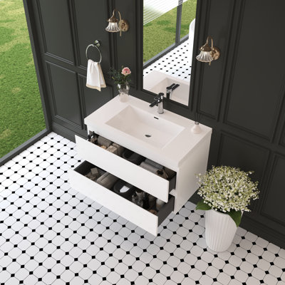 Meuble-lavabo flottant de 36 po avec lavabo, rangement mural moderne, lavabo à surface solide blanc brillant, tiroirs à fermeture en douceur, facile à nettoyer, bûche à eau, armoire de rangement en résine, comptoir,