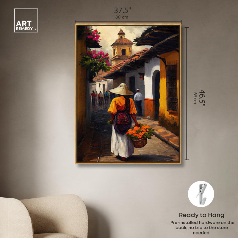 Toile «Pueblecito Magico II» par Art Remedy, Cadre doré, H 46 po x l 37 po