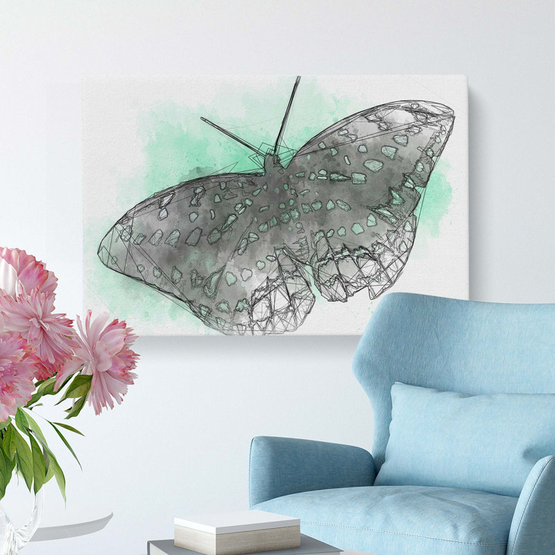 Mint Green Butterfly Art In Abstract - Wrapped Canvas, 60cm H x 91cm W x 3cm D