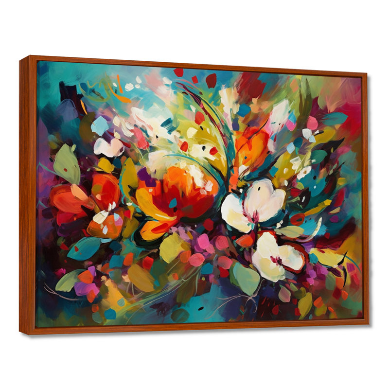 Rynette Red Vibrant Garden Symphony III - Art mural floral, H 16 po x l 32 po x P 1 po, Cadre flottant brun