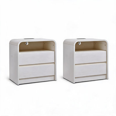 Table de chevet 2 PCS de 23,62 po de largeur avec 2 tiroirs, tablette de rangement ouverte et trou pour câbles, table de bout latérale robuste pour la chambre à coucher et le salon, blanc