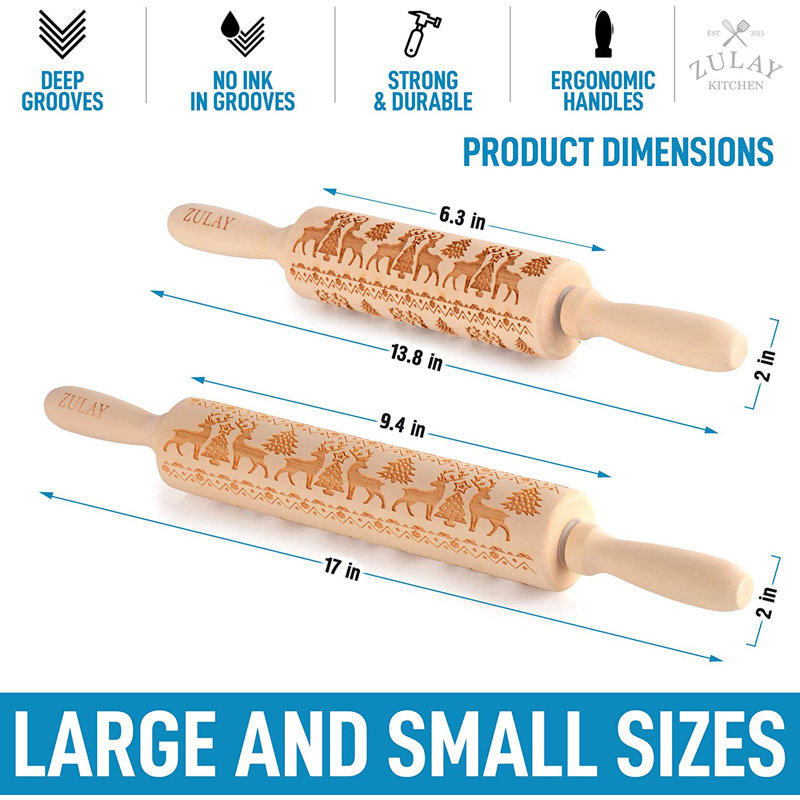 Zulay Kitchen Set of 2 Embossed Rolling Pin - Wood Carved Large & Small with Deep Engraved Patterns