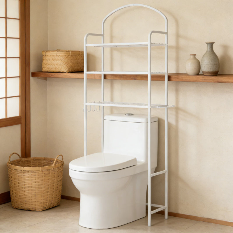 Support de rangement au-dessus de la toilette avec porte-papier, organisateur de salle de bain à 3 niveaux avec 4 crochets, tablette en métal peu encombrante pour la salle de bain, la salle de lavage ou la cuisine