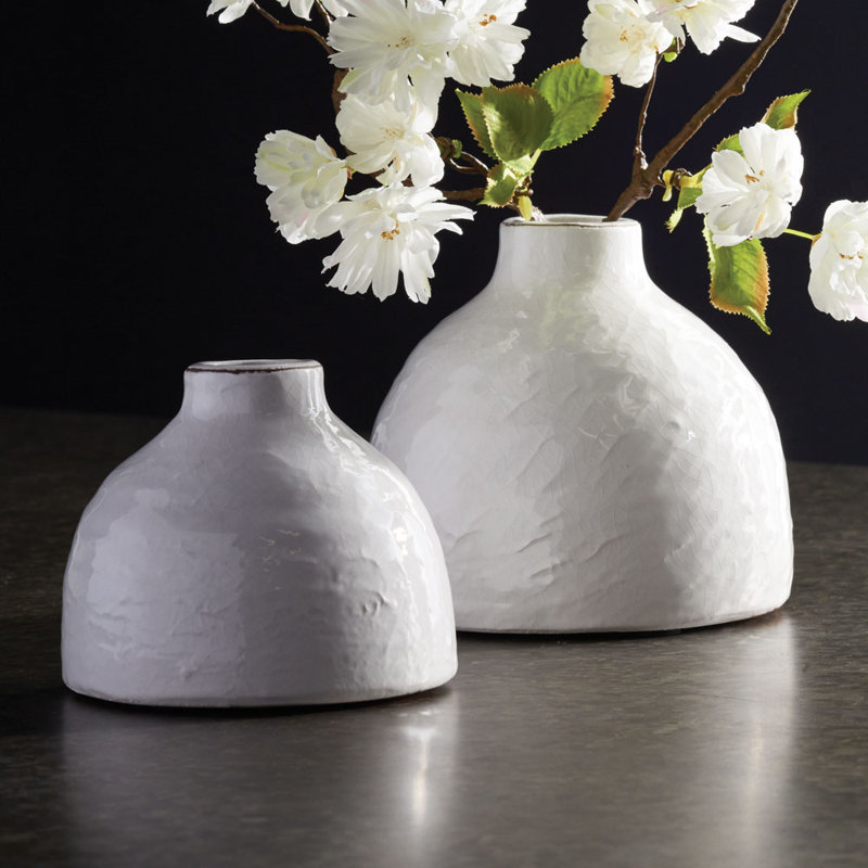 Arterra Crackle-Glaze White Ceramic Studio Bud Vases, Set of 2, White