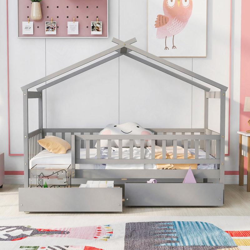 Lit en bois avec deux tiroirs, Gris, Lit simple
