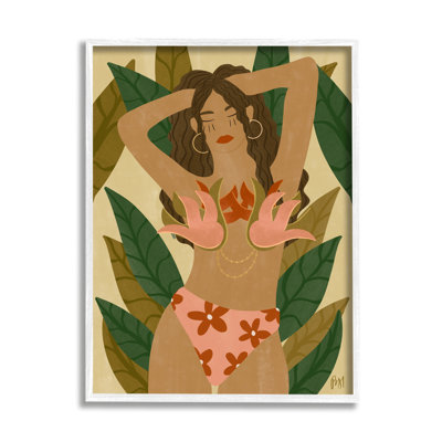 «Femelle en rose féroce sur fond de plantes tropicales» par Birch & Ink - impression sur toile tendue