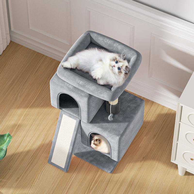 Duan 34" Cat Tree, Kitten Tower Condo Cat House with Scratching Post, Toy Ball, Ramp and Perch Bed, Light Gray