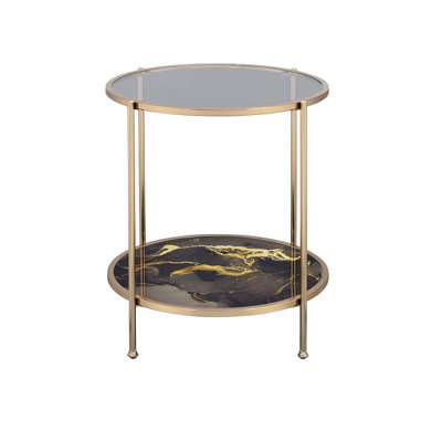 Fiorella End Table, Black Marble Print & Champagne Finish