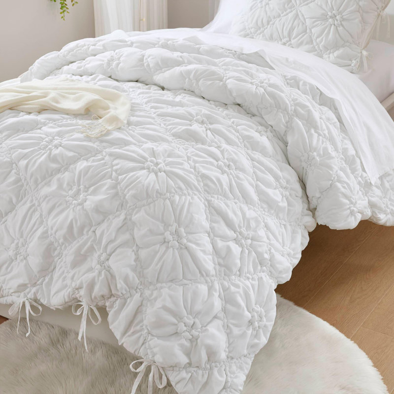 3PCS Comforter Set, White, Twin Comforter + 1 Standard Sham