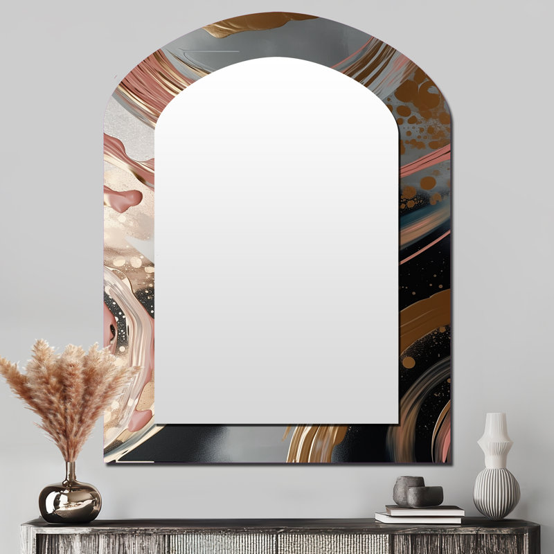Abstract Gold and pink Liquid ink circles II - Abstract Shapes Arch Unique Wall Mirror, Modern Asymmetrical Mirror, Printed Metal Art