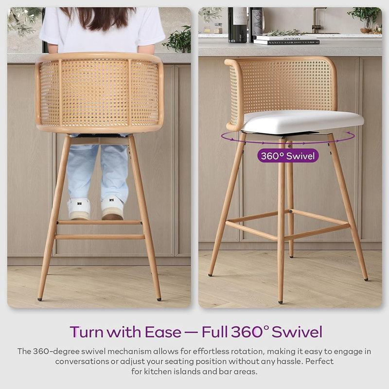 Set Of 2 Mid-Century Modern Swivel Counter Height Bar Stools With Natural Rattan Back And Faux Leather Seat, White