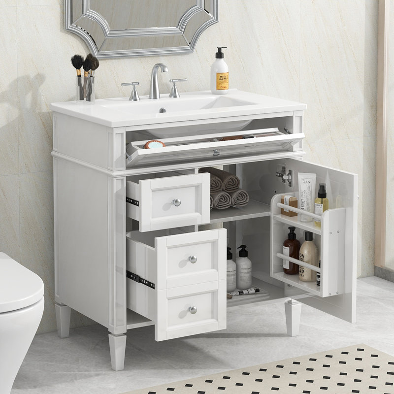 Meuble-lavabo de 30 po avec lavabo supérieur, Blanc / argenté