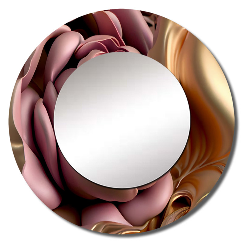 Serica Pink And Gold Glam Flowers II - Floral Large Wall Mirror, Traditional Round Decorative Mirror, Printed Metal Art