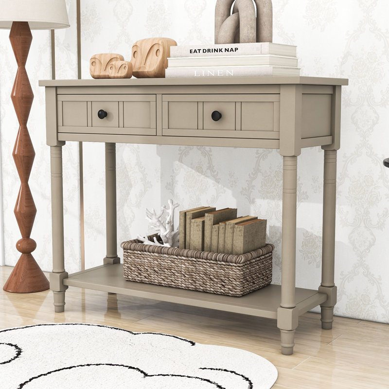 Charmie Wooden Console Table with Two Drawers and Open Shelf for Living Room, Retro Gray