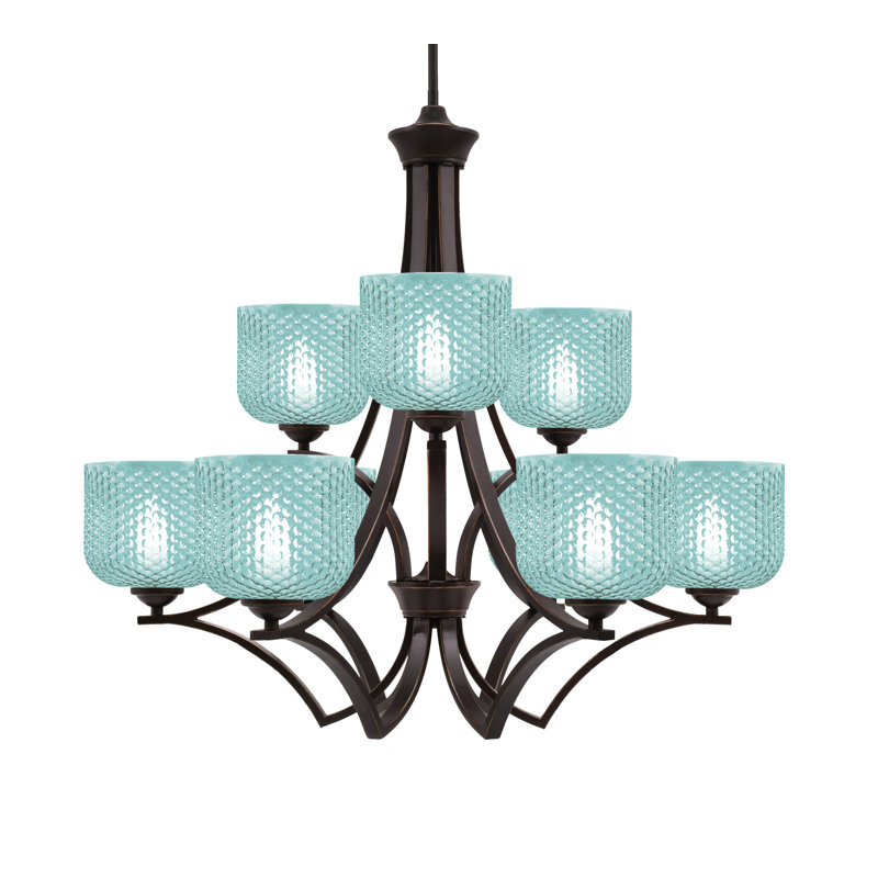 Lustre 9 lumières Shutesbury Shownbury, montré en brun, verre turquoise de 6 po, Bleu, Bronze