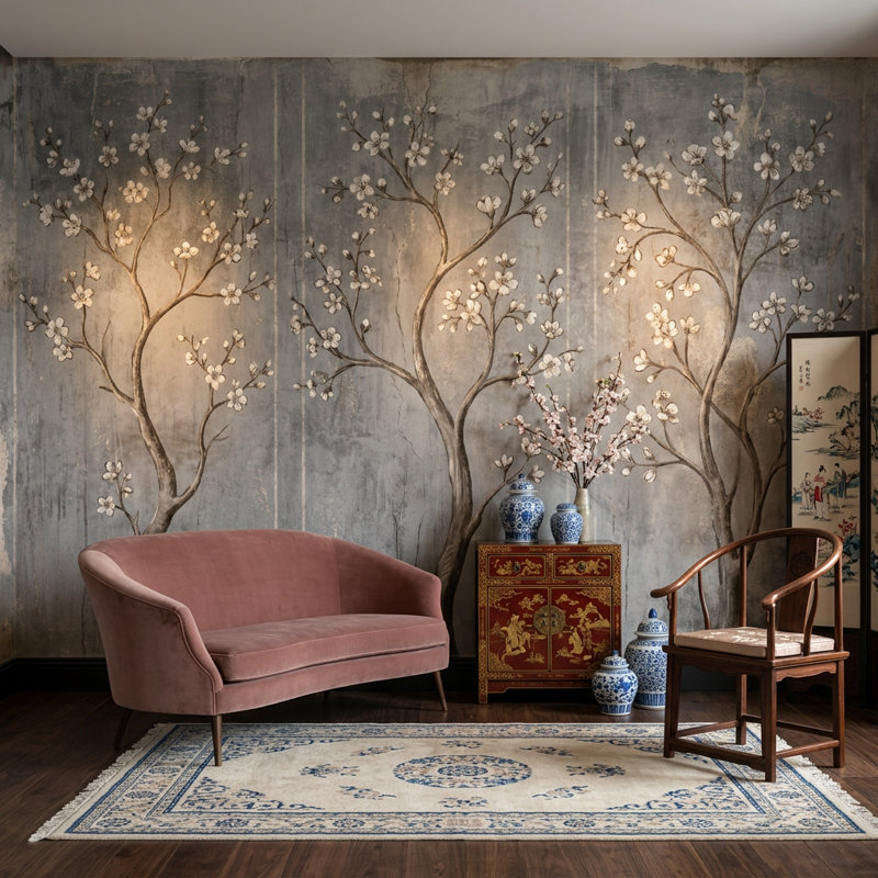 Papier peint branches florales en plâtre délavé gris, 120 po x 96 po, Peler et coller