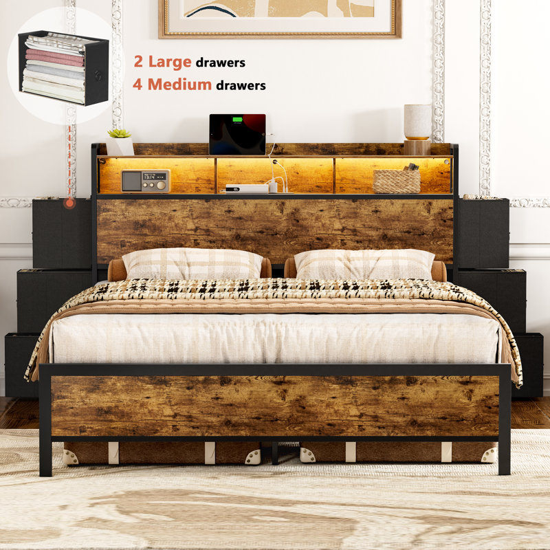 Antioch Bed Frame With Bookcase Headboard & 6 Storage Bedside Drawers, Storage Bed With Outlet & LED Light, Queen