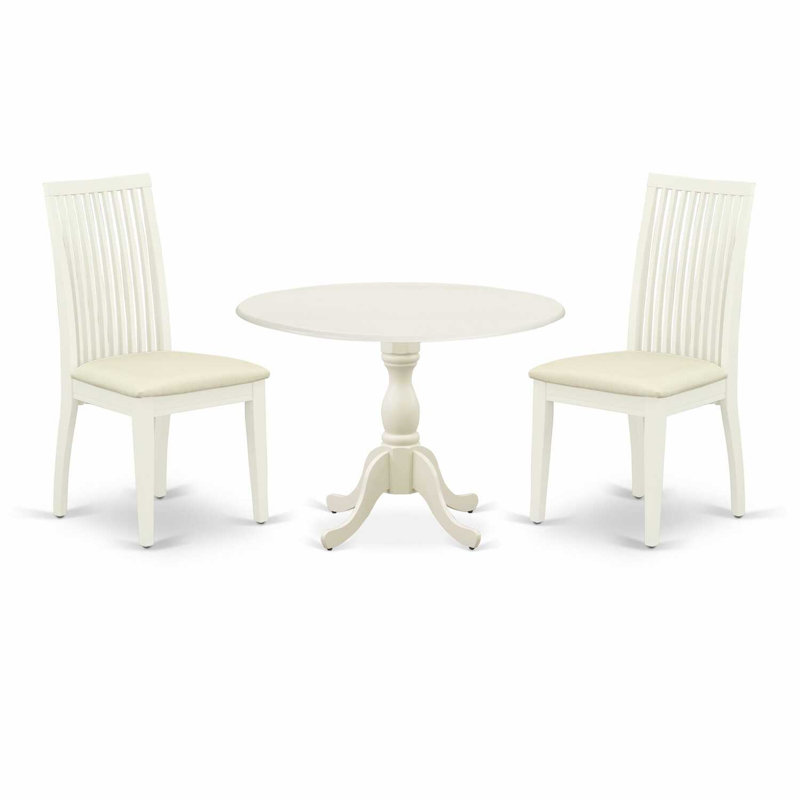 L'ensemble de meubles de salle à manger 3 pièces comprend une table de cuisine ronde avec Dropleaf et 2 chaises de salle à manger rembourrées en tissu de lin, 42 x 42 pouces, blanc lin
