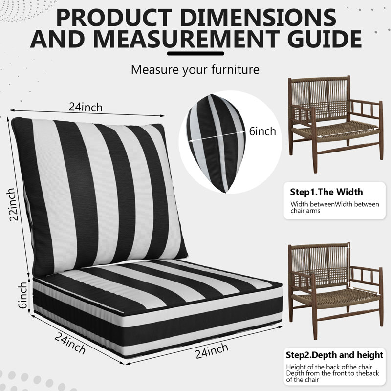 24" X 24" X 6" Outdoor Deep Seat Cushions Set - 6, 6, Black Striped
