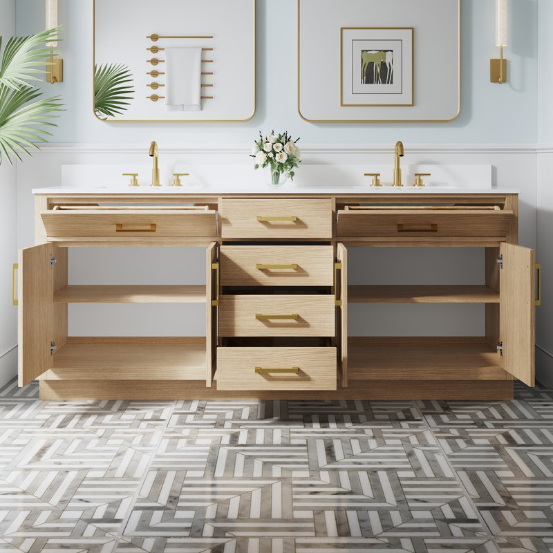 Meuble-lavabo autoportant en bois massif l 80 po x H 35 po avec comptoir en marbre de culture blanc et double lavabo en céramique, chêne