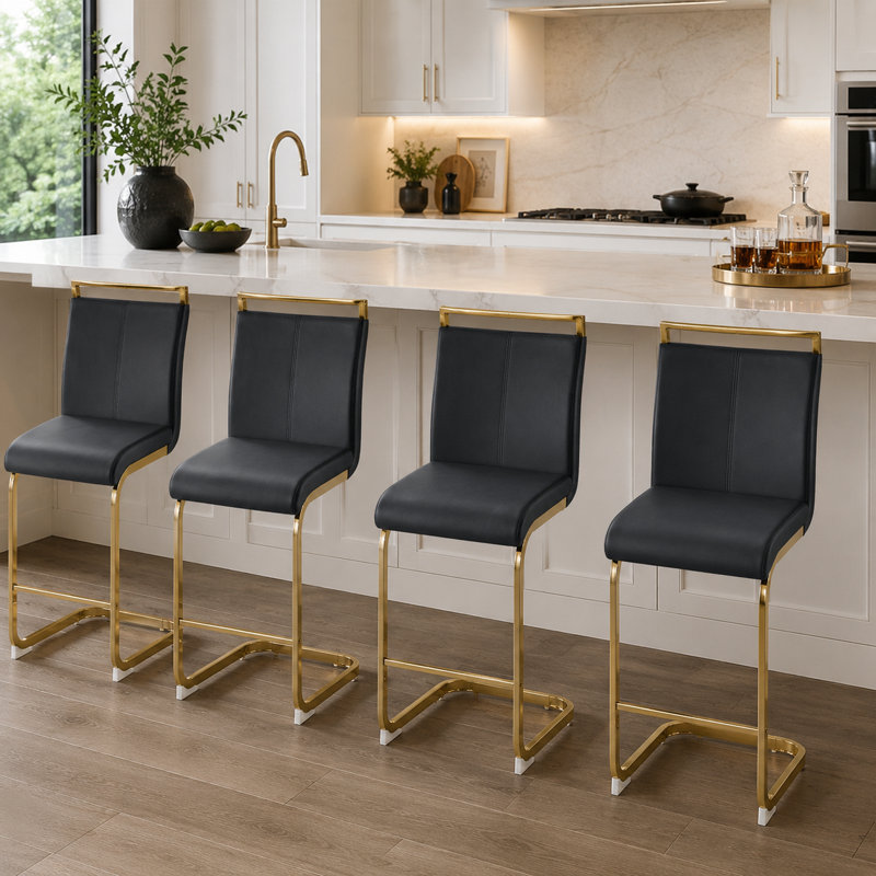 Tabourets de bar modernes en porte-à-faux rembourrés avec repose-pieds, Doré, Noir