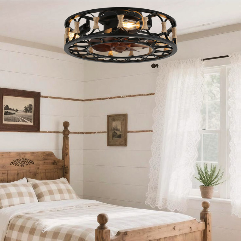 Magdelana 19" Flush Mount Ceiling Fan with Lights and Remote, 6-speed Reversible DC Motor, Farmhouse Ceiling Fan, Caged Low Profile Fandelier for Bedroom