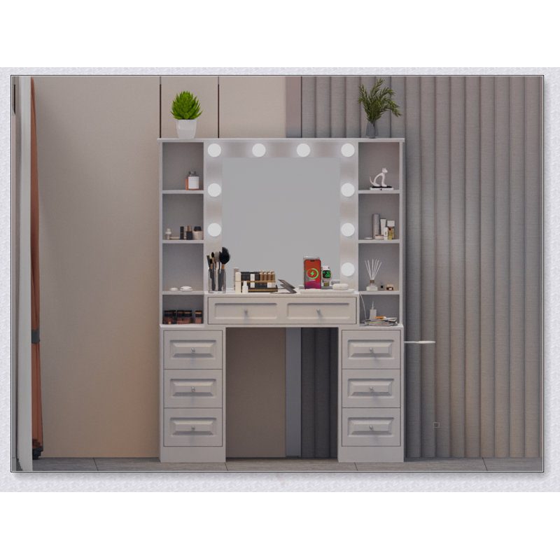 Bureau de coiffeuse moderne avec miroir éclairé et station de charge, rangement spacieux pour le maquillage et les accessoires