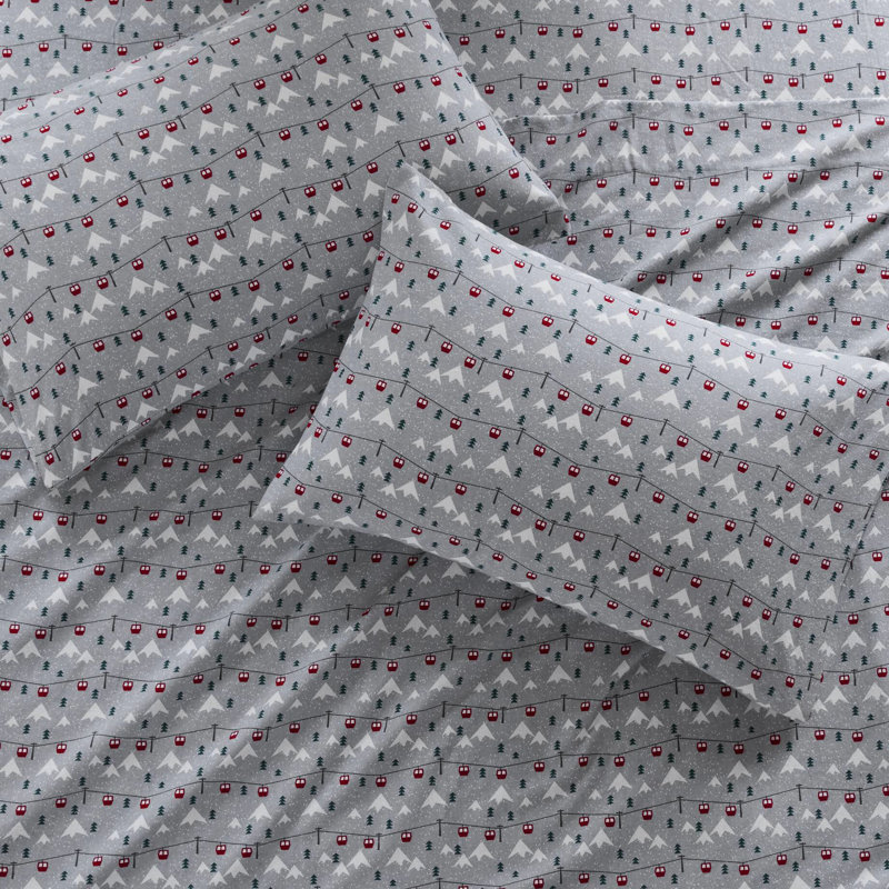 Grey Ski Jump 4 Pcs King Sheet Of 100% Cotton Flannel, Twin/Full Fitted For 12" Mattresses, Queen/King/ 14" Depth Machine Washable With 1 Flat And 2 Pillowcases, Fully Elastic Fit, - Flannel ,