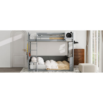 Queen Size Wooden Bunk Bed With Built-In Shelves,Storage Box,LED Light And USB Charging Station,Grey