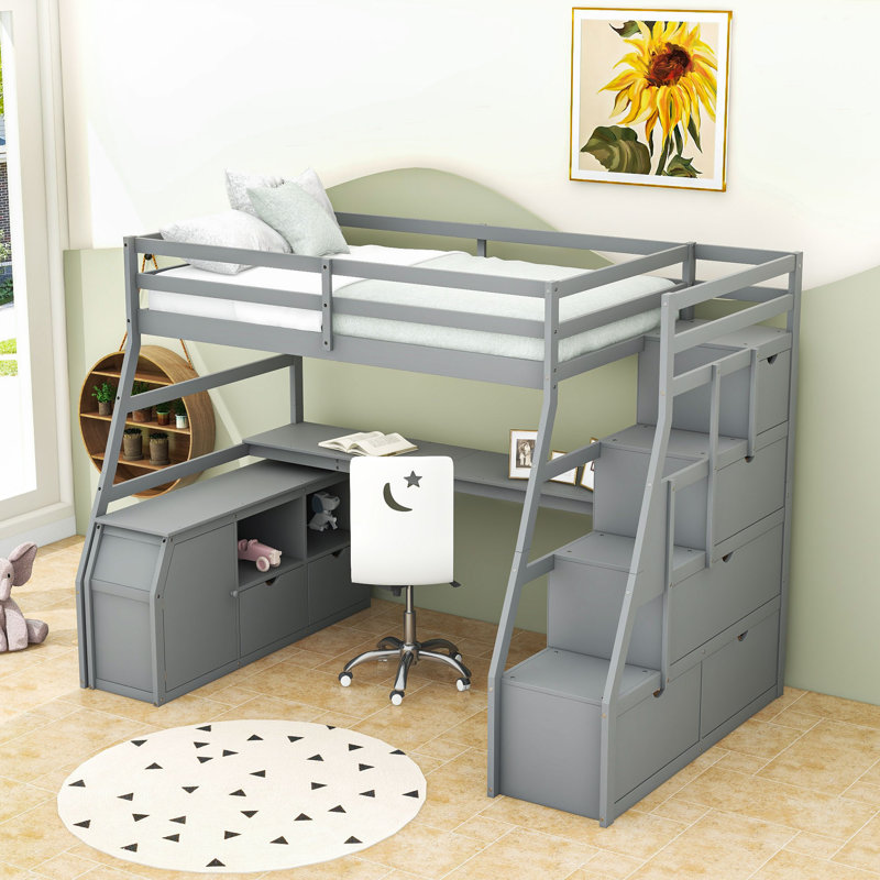 Lit mezzanine 7 tiroirs avec bureau Giannis, gris