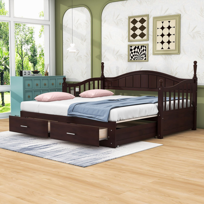Lit de jour extensible simple en bois avec tiroirs et lit gigogne simple, Espresso