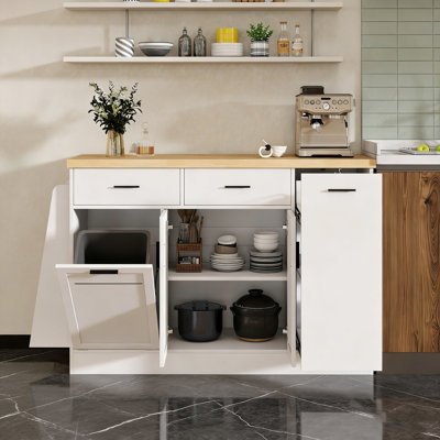 Buffet de rangement multifonctionnel, rangement pour poubelle, armoire à porte coulissante et support à épices à 3 niveaux, îlot de cuisine pour la cuisine, la salle à manger