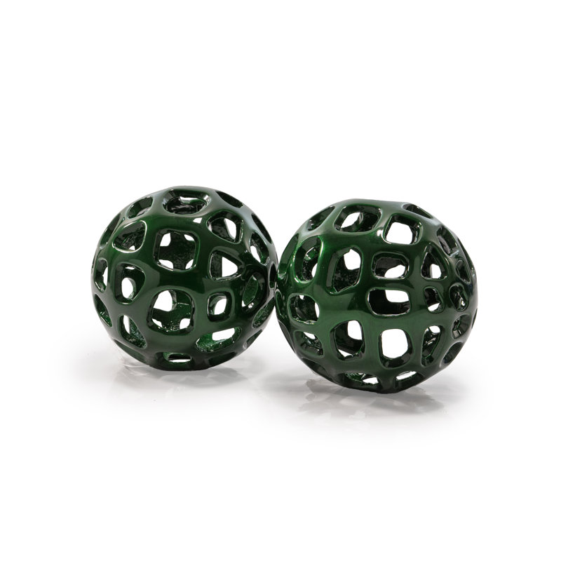 Ensemble de deux orbes décoratifs peints à la main en aluminium vert