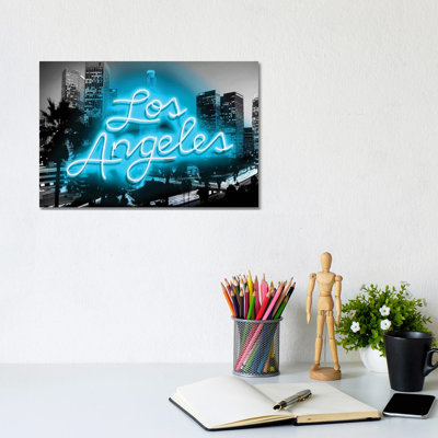 Neon Los Angeles Aqua On Black by Hailey Carr - Wrapped Canvas Print