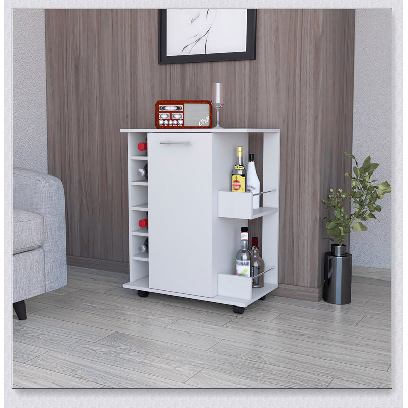 Chariot-bar Woodland avec roulettes, support à vin et tablette ouverte pour un rangement élégant et organisé