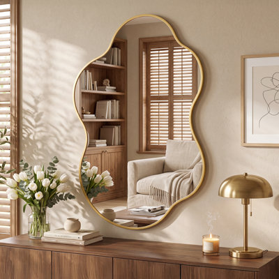 Organic Shape Irregular Wall Mirror with Aluminum Frame, Asymmetrical Decorative Bathroom Vanity Mirror for Bedroom, Living Room, Entryway